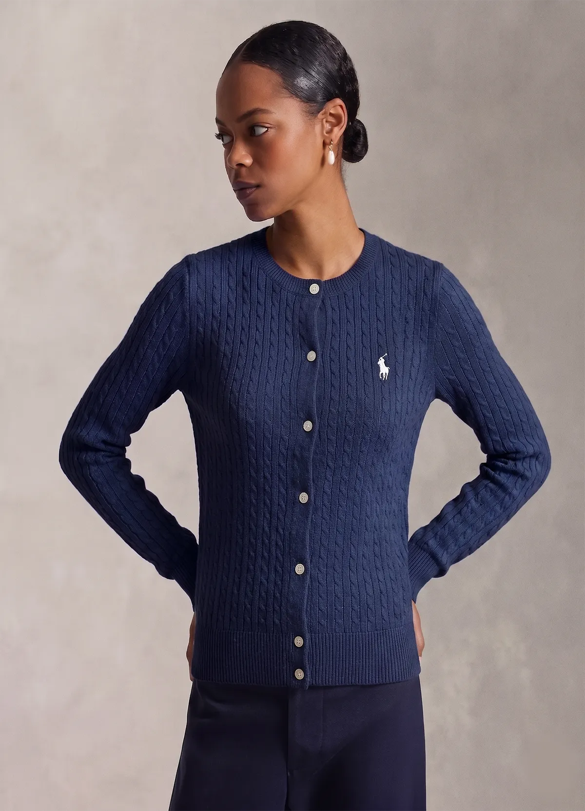 Ralph Lauren Women’s Navy Blue Cable-Knit Button-Up Cardigan Sweater