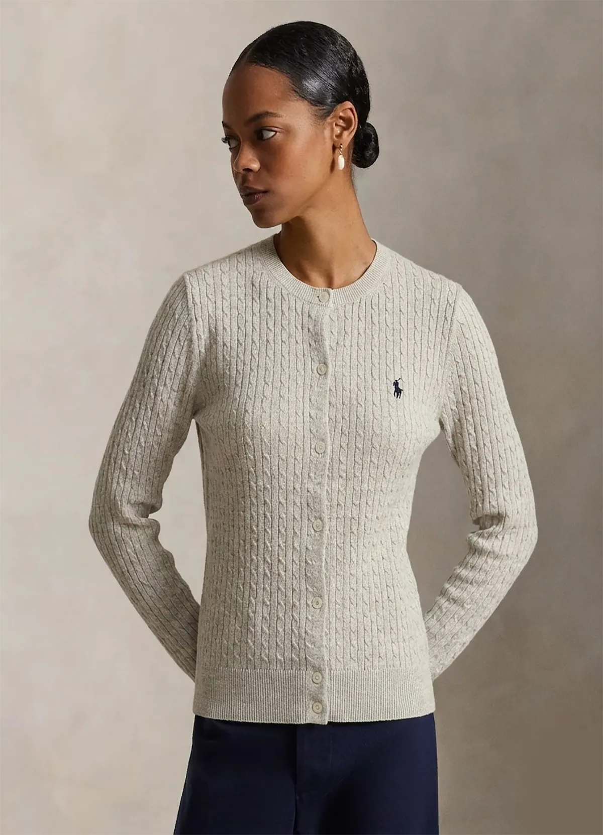 Polo Ralph Lauren Gray Cable-Knit Cotton Crewneck Cardigan