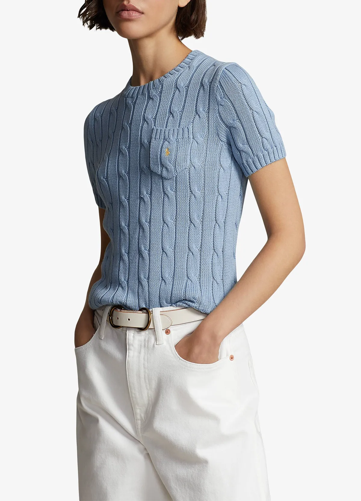 Ralph Lauren Women’s Light Blue Cable-Knit Short-Sleeve Cotton Sweater