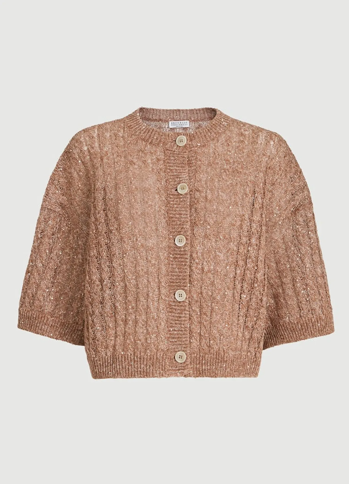 Brunello Cucinelli Linen dazzling cable openwork dusty-pink cardigan