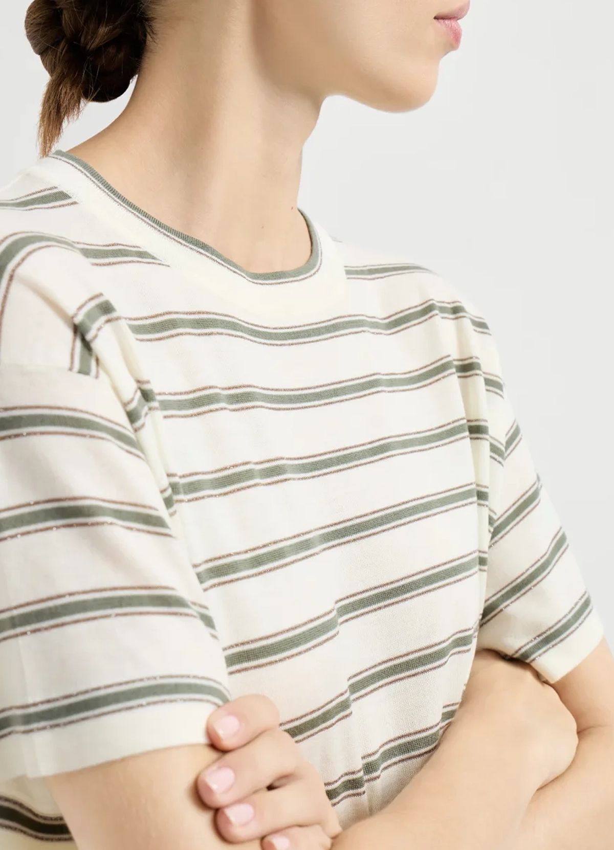 Brunello Cucinelli Virgin wool & cashmere lightweight sparkling Cream Base Olive Brown Horizontal Striped knit t-shirt