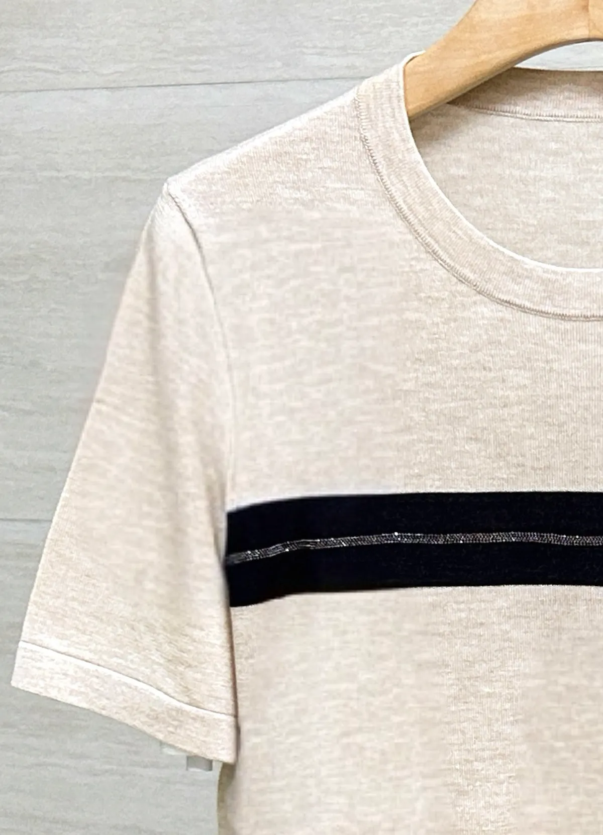 Brunello Cucinelli Women’s Heather Oatmeal Black Silver Stripe Crew Neck Short Sleeve Knit Top