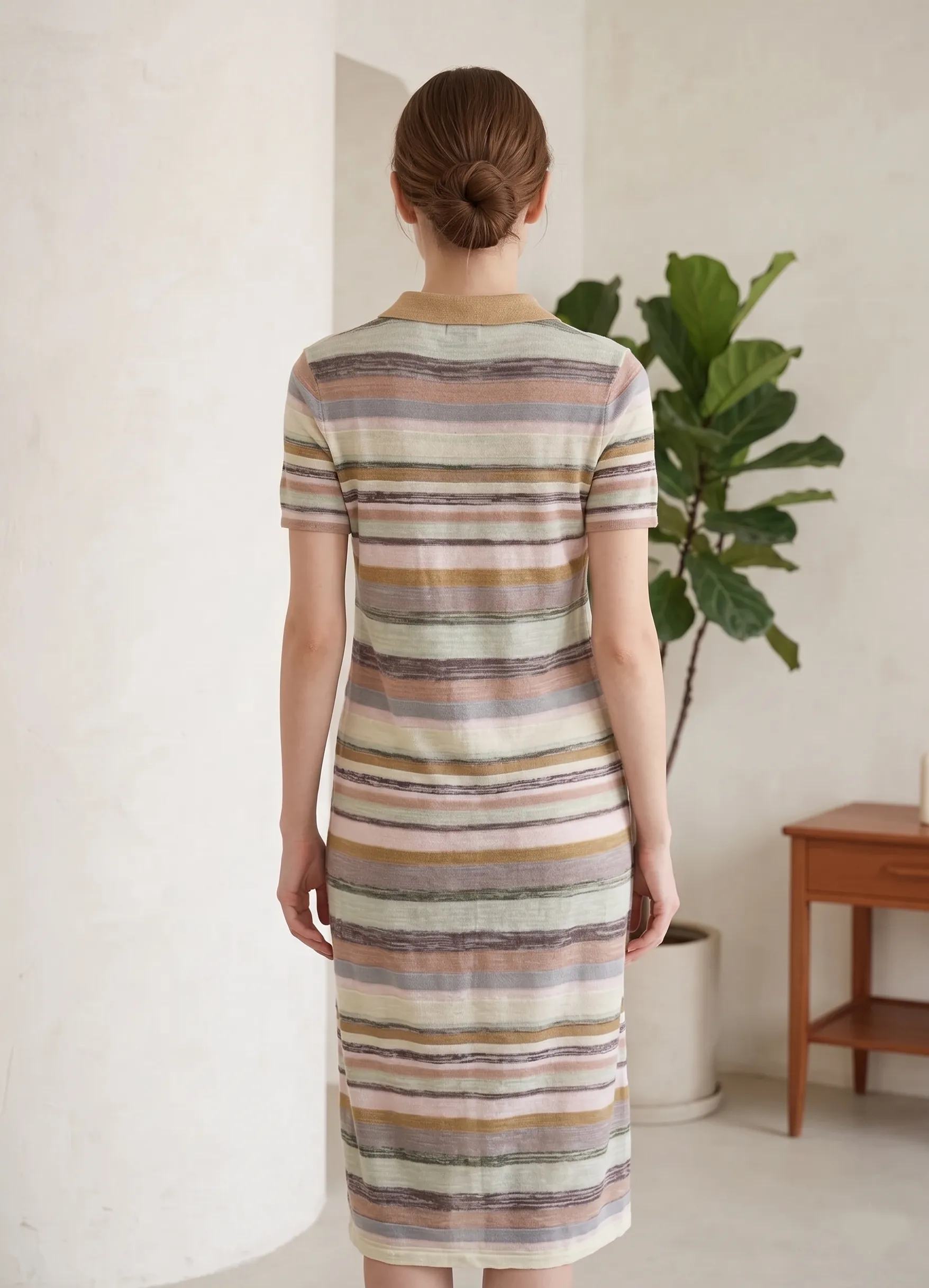 CHANEL Women’s Pastel Striped Polo Collar Short Sleeve Knit Maxi Dress