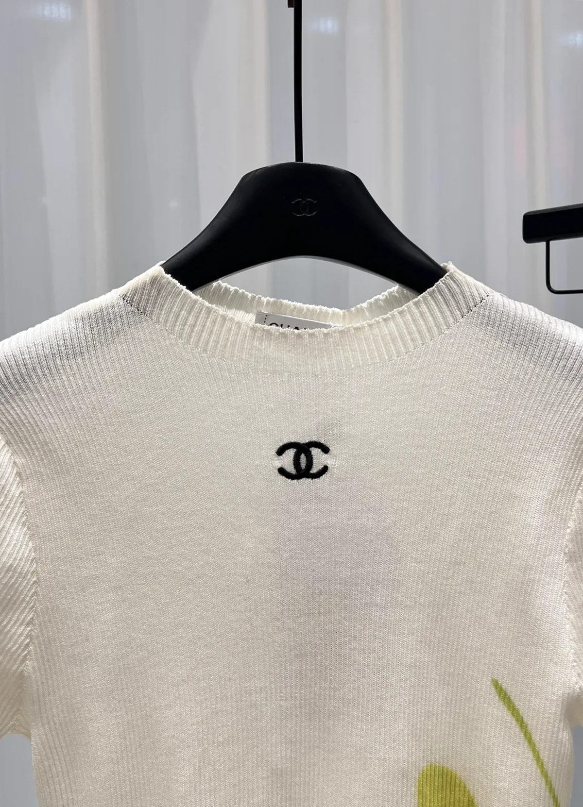 CHANEL Women’s Off White Lyocell Blend Ribbed Mock Neck Short Sleeve Knit Top