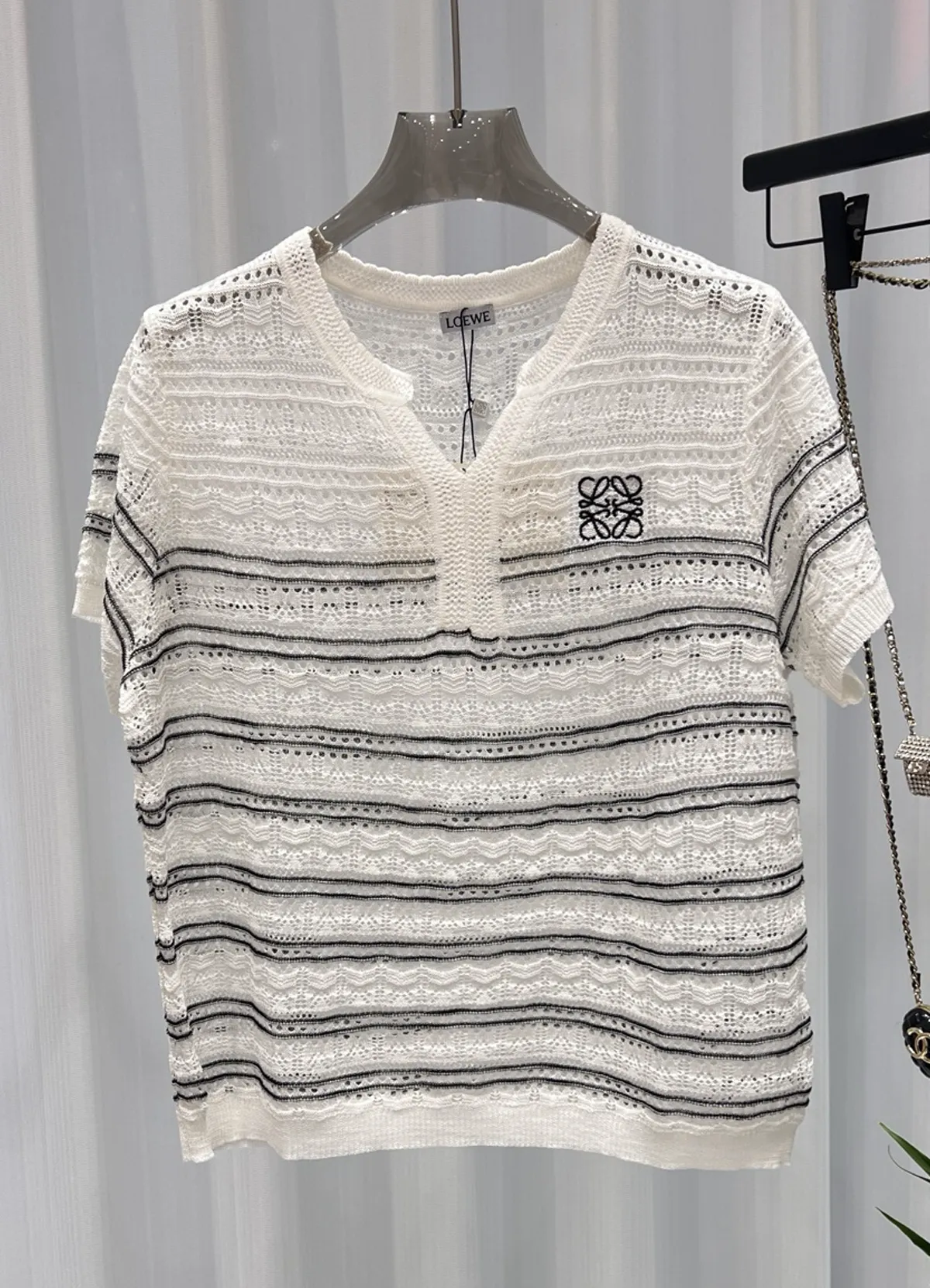 Loewe Women’s Ice Silk Blend Openwork Black Stripe Notch V-Neck Short Sleeve Knit Top