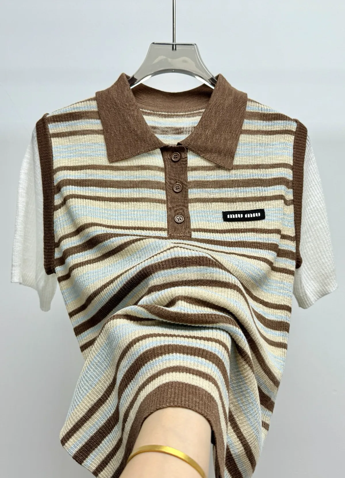 Miu Miu Women’s Color Block Striped Hollow Knit Polo Short Sleeve Top